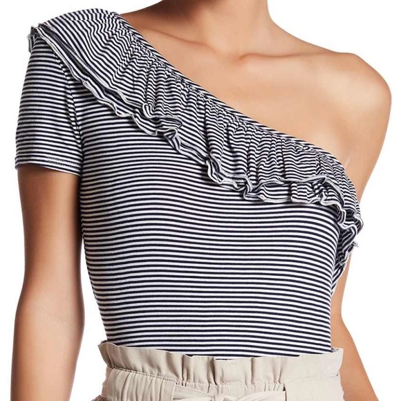 Romeo & Juliet Couture Tops - ☘️Navy Blue + Off White Stripe One Shoulder S NWT